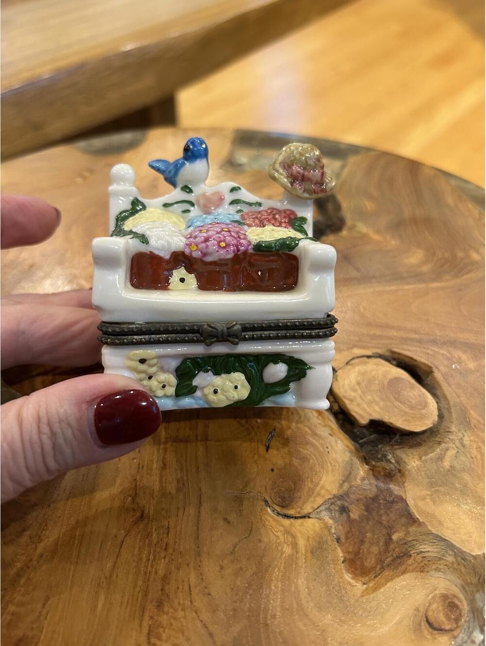 Decorative Porcelain Trinket Box with Floral and Bird Design